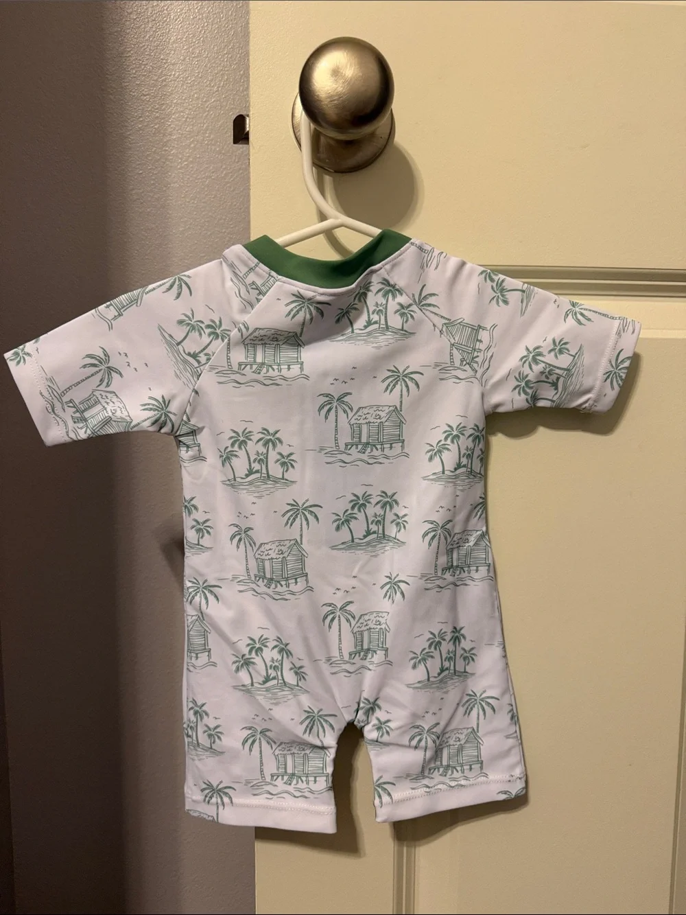 Green Palm Print Short-Sleeve Baby One-Piece Swim Romper